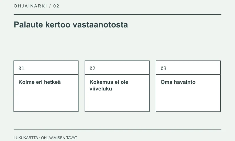 Lukukartta: Palaute kertoo vastaanotosta. Kolme eri hetkeä, Kokemus ei ole viiveluku, Oma havainto.