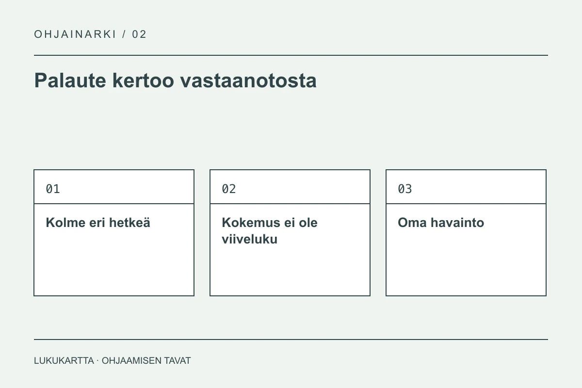 Lukukartta: Palaute kertoo vastaanotosta. Kolme eri hetkeä, Kokemus ei ole viiveluku, Oma havainto.