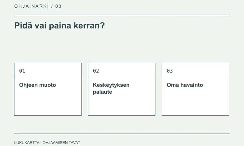 Lukukartta: Pidä vai paina kerran?. Ohjeen muoto, Keskeytyksen palaute, Oma havainto.