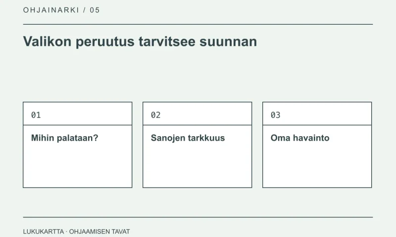 Lukukartta: Valikon peruutus tarvitsee suunnan. Mihin palataan?, Sanojen tarkkuus, Oma havainto.